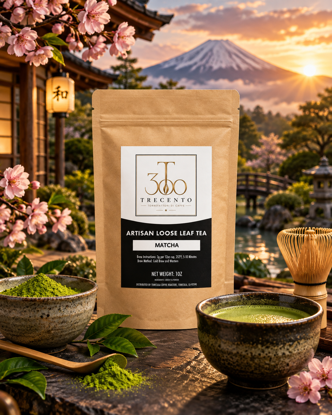 A tan resealable pouch of Trecento artisan loose leaf matcha tea with a white and black label featuring gold lettering
