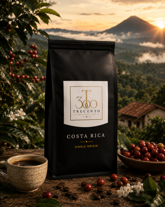 Trecento Costa Rica coffee bag with a scenic background