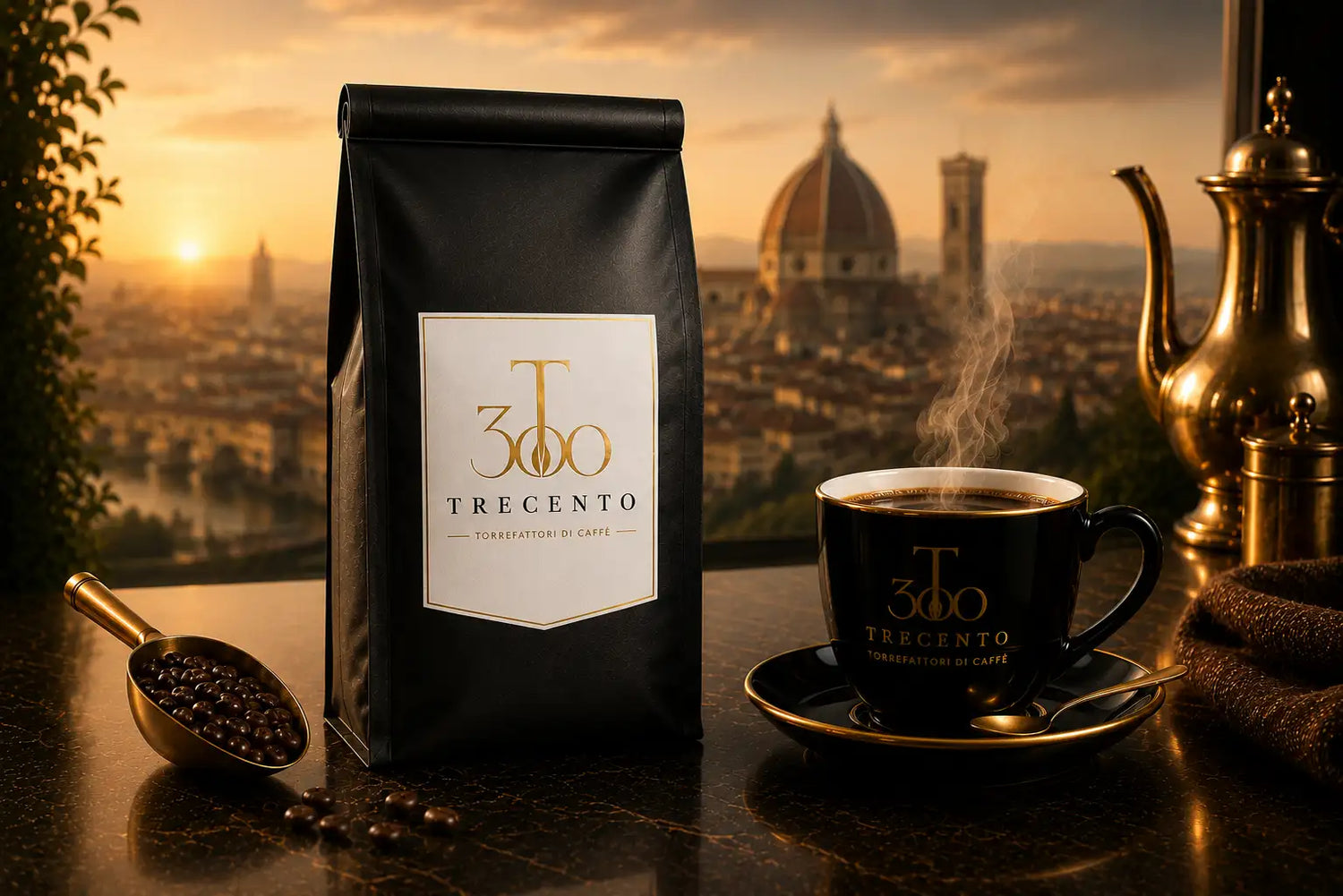 Black coffee bag with gold foil logo and text, featuring the brand ’trecento’ and its tagline “torrefattori di caffè,” set against a scenic tuscan sunset backdrop.