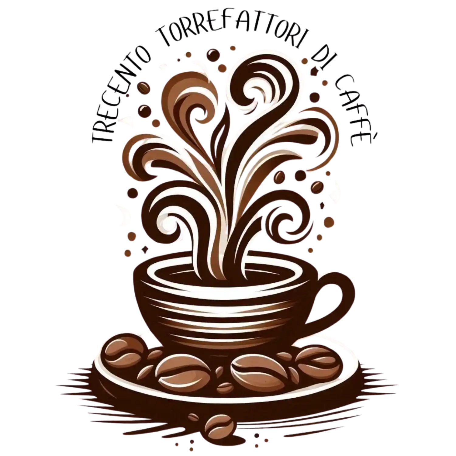 Brown coffee cup with swirling steam and scattered beans design on white background.