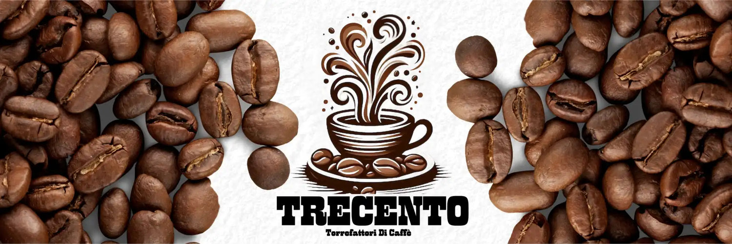 Trecento coffee beans with cup design and steam.