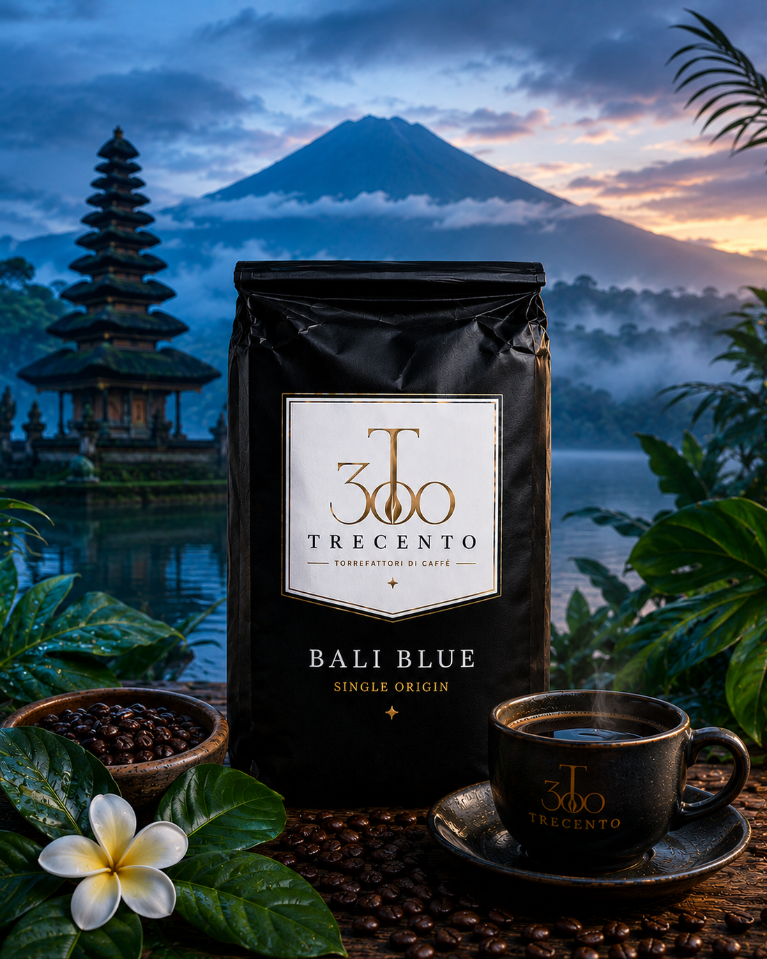 Trecento Bali Blue single-origin coffee bag with Balinese temple and volcanic mountain backdrop