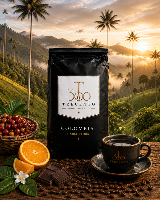Trecento Colombia single-origin coffee bag with Medellín mountain landscape backdrop
