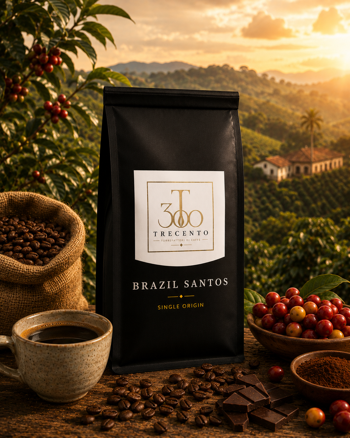 Trecento coffee bag with a scenic background of coffee plants and mountains.