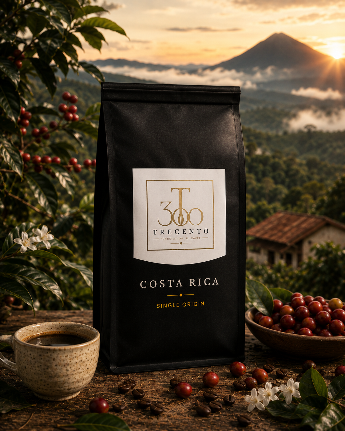 Trecento Costa Rica coffee bag with a scenic background