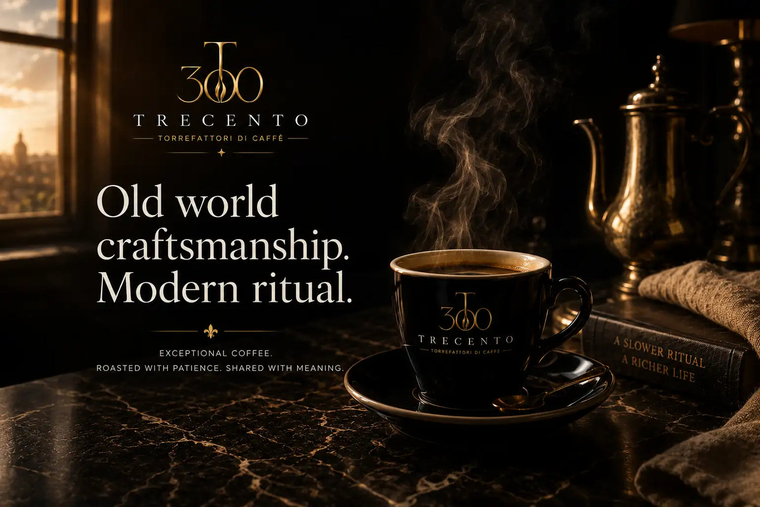 Black ceramic coffee cup with gold ’360 trecen to’ logo, resting on matching saucer.