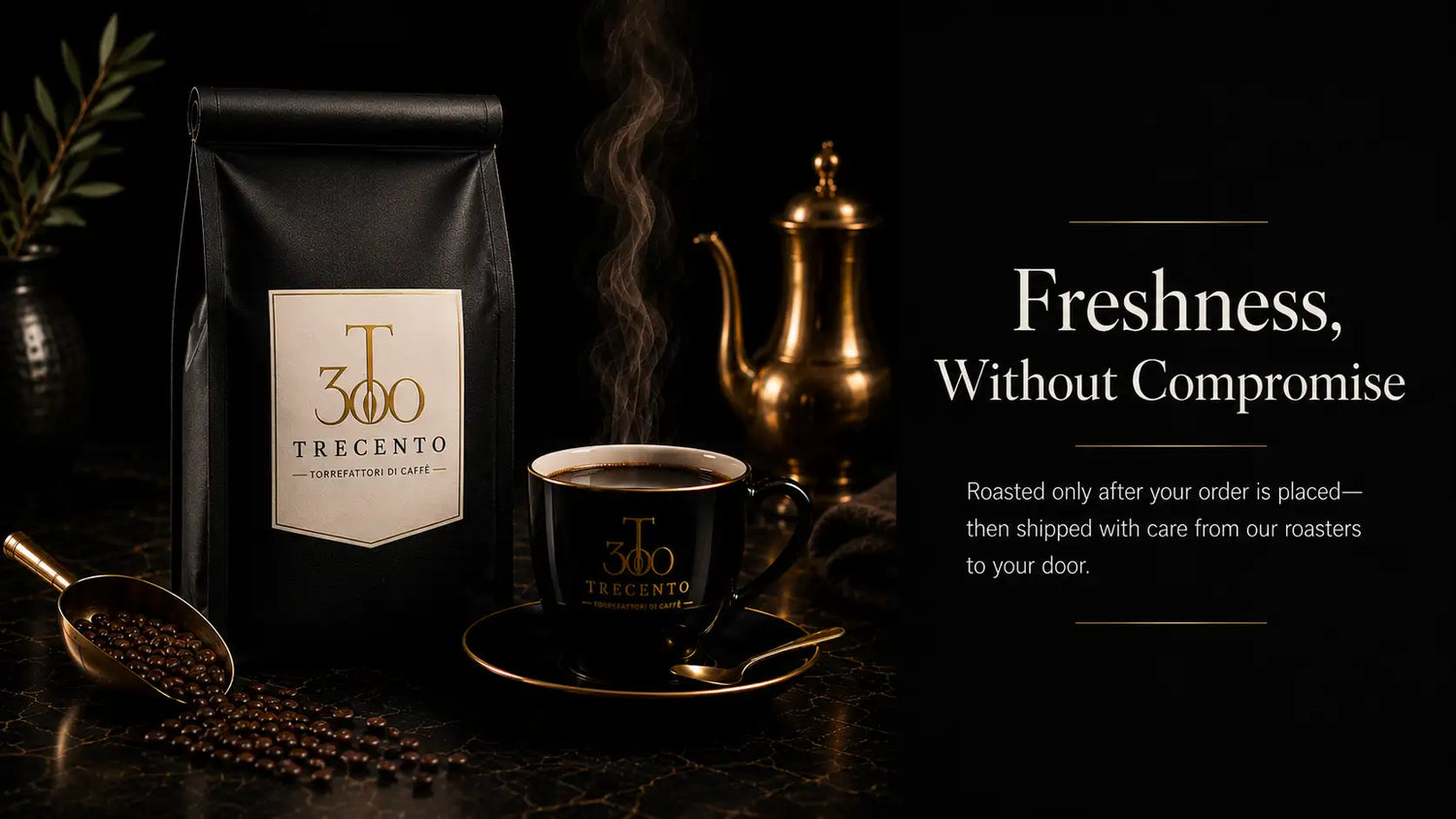 Black coffee bag with gold foil logo and text reading ’300 trecento’ on a cream-colored label.