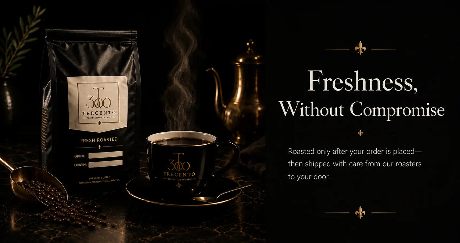 Black coffee bag with gold foil logo and text, featuring ’300 trecento’ branding.