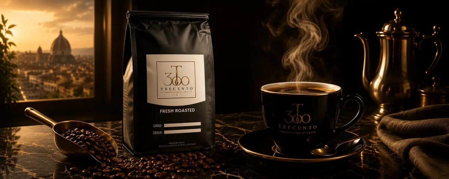 Black coffee bag with silver logo and ’fresh roasted’ text, featuring a sleek matte finish.