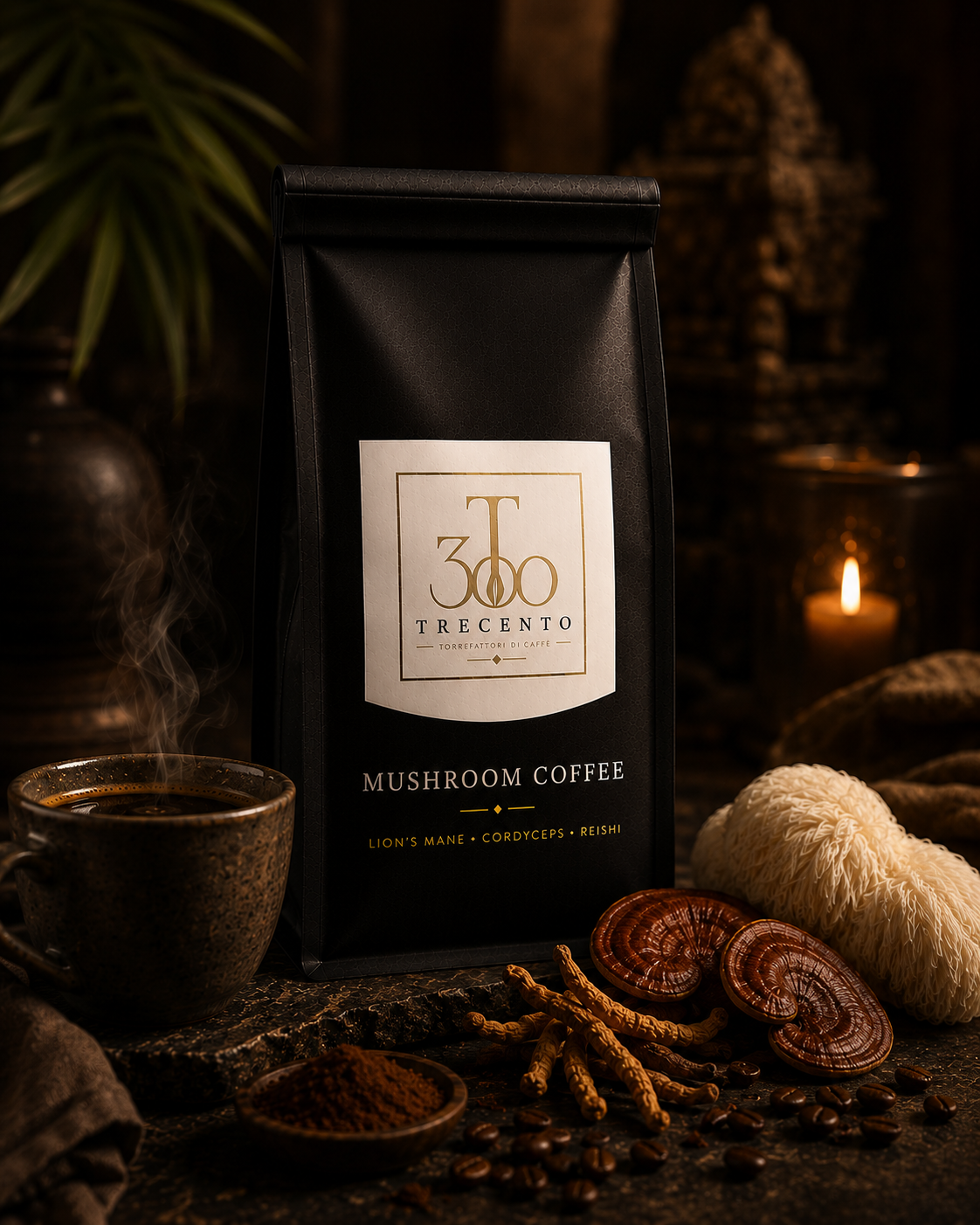 Black bag of Trecento mushroom coffee with a cup of steaming coffee and dried mushrooms on a dark background.
