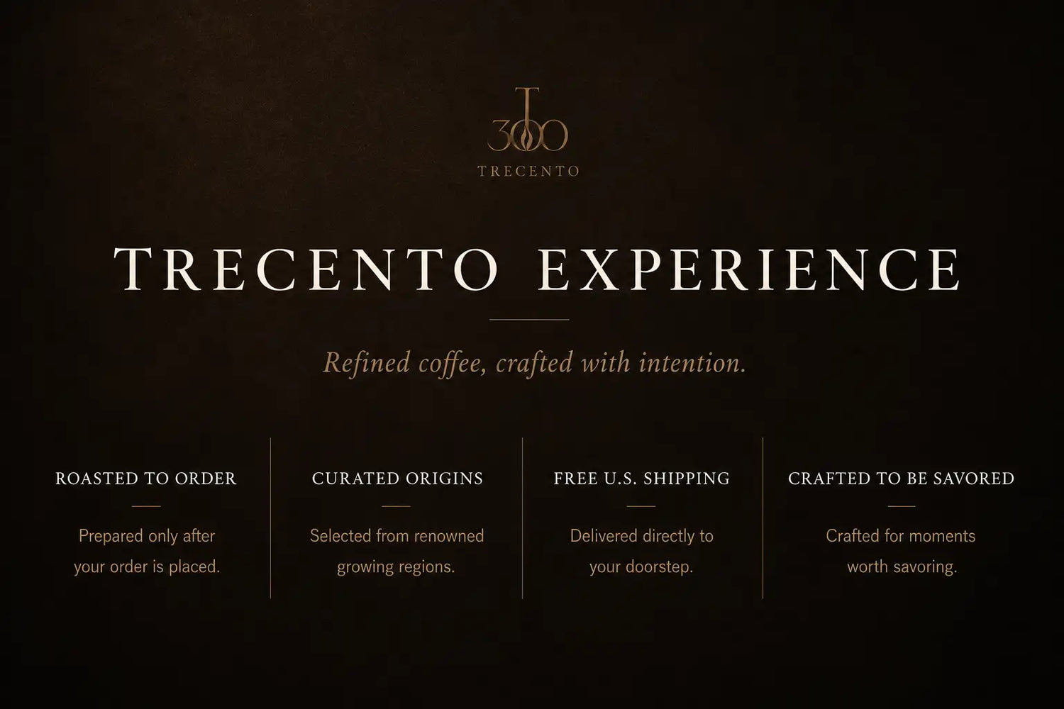 Trecento experience logo with elegant gold lettering on a dark background.